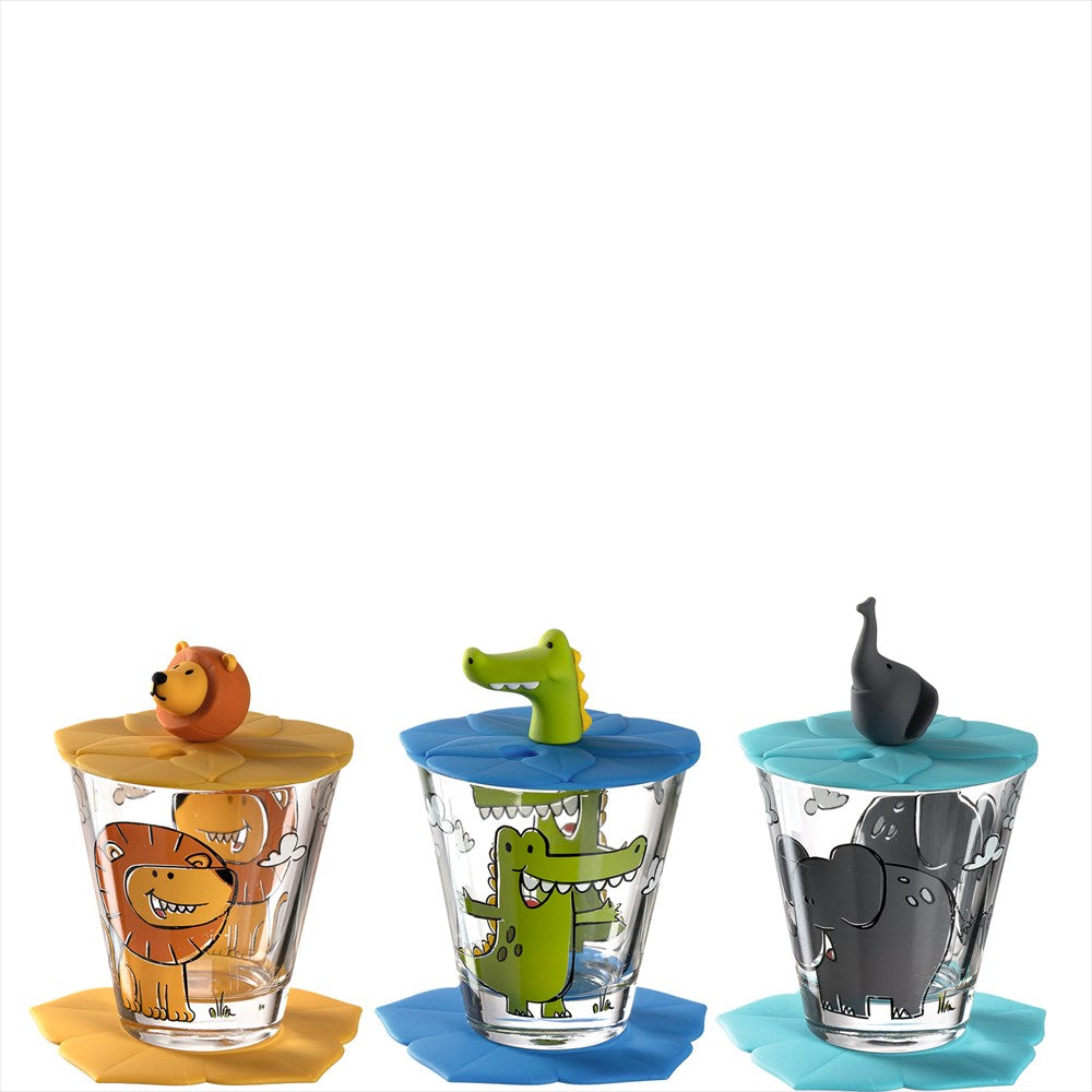 Barnglas med djurmotiv med lock och glasunderlägg