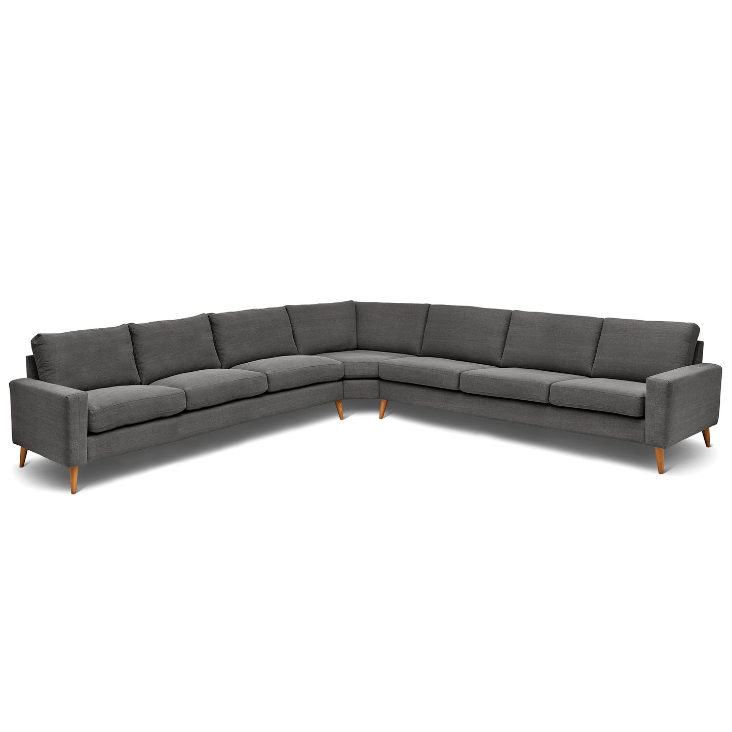 Stor kvadratisk hörnsoffa med måttet 360x360 cm. Sittvänlig soffa för äldre i grått tyg