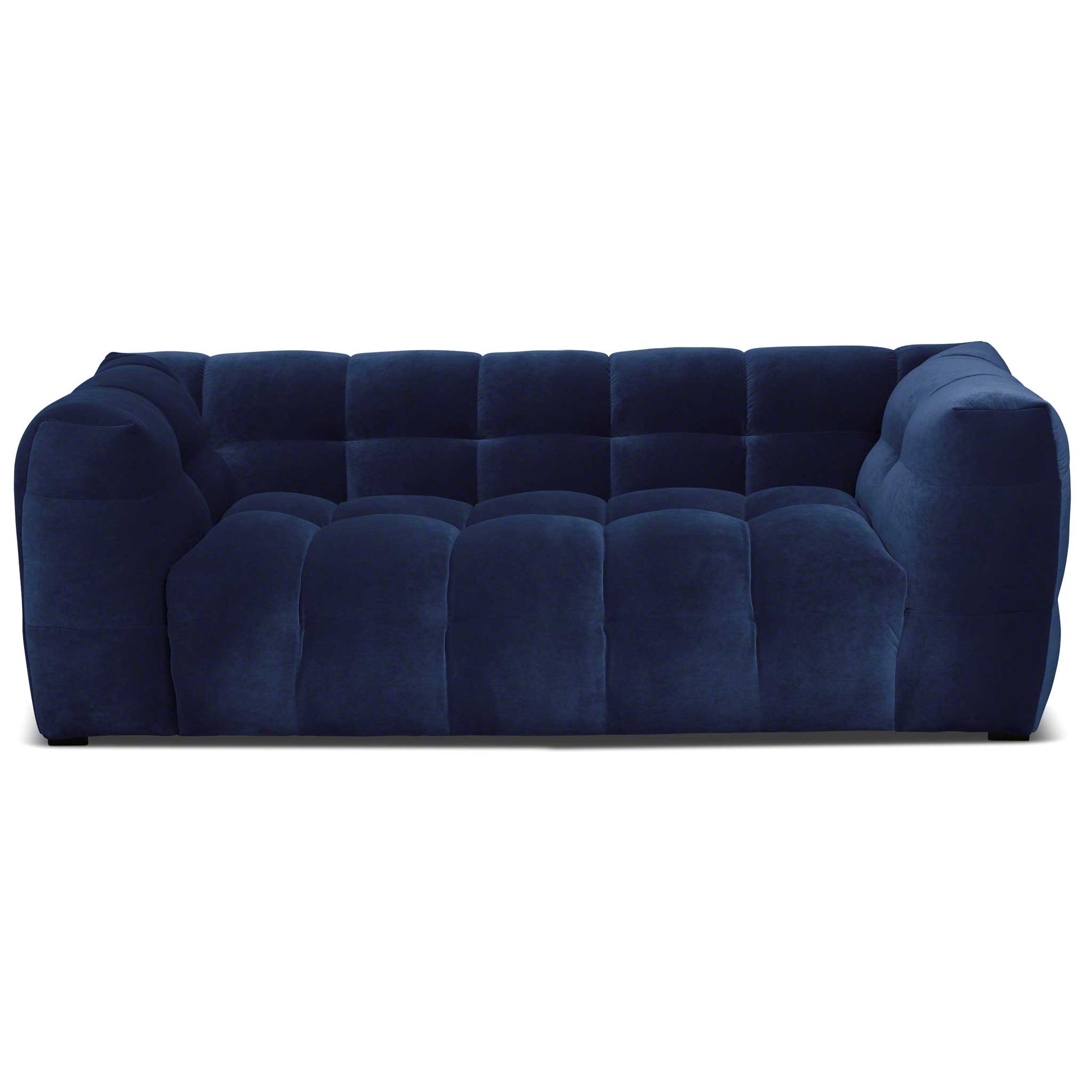 Liten 2-sits soffa i royal blå kvalitetssammet med bubbligt formspråk.