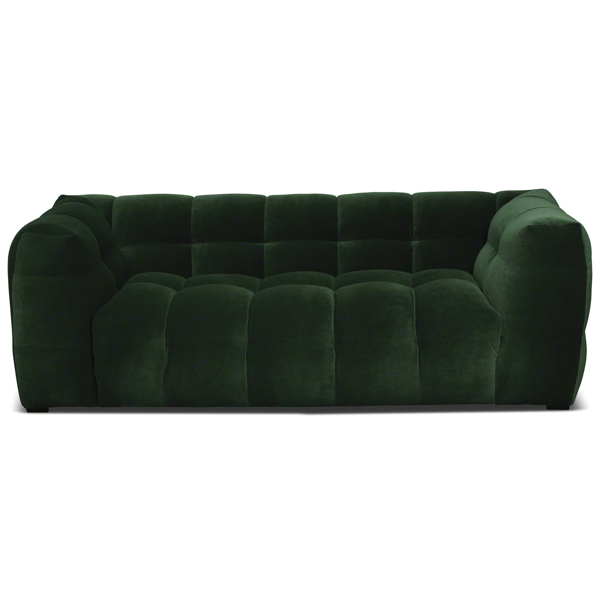 Snygg liten 2-sits soffa i grön sammet av hög kvalitet. Bubbligt möbelformspråk.