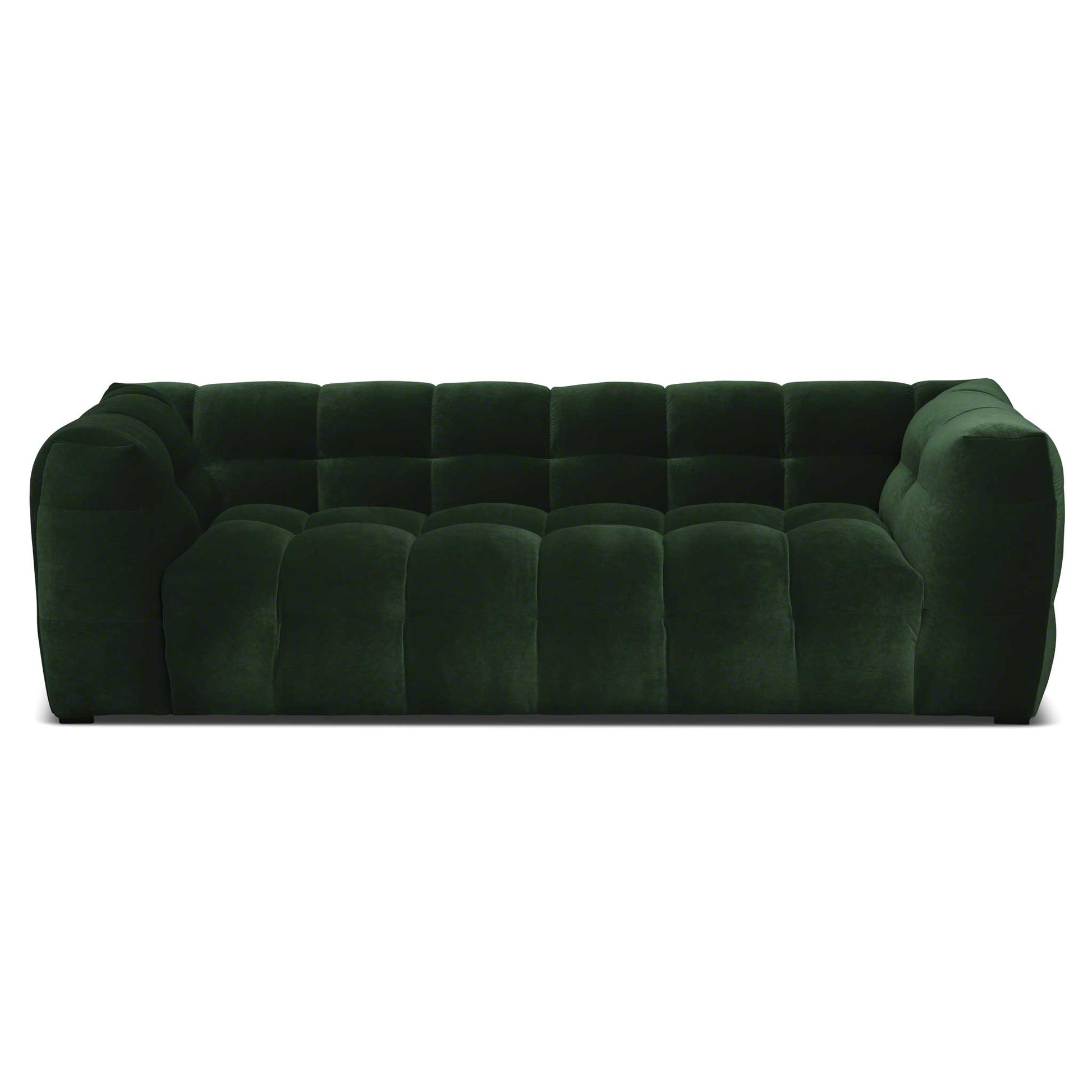 Djup 3-sits sammets soffa i grön sammet. Bubbligt möbelformspråk.