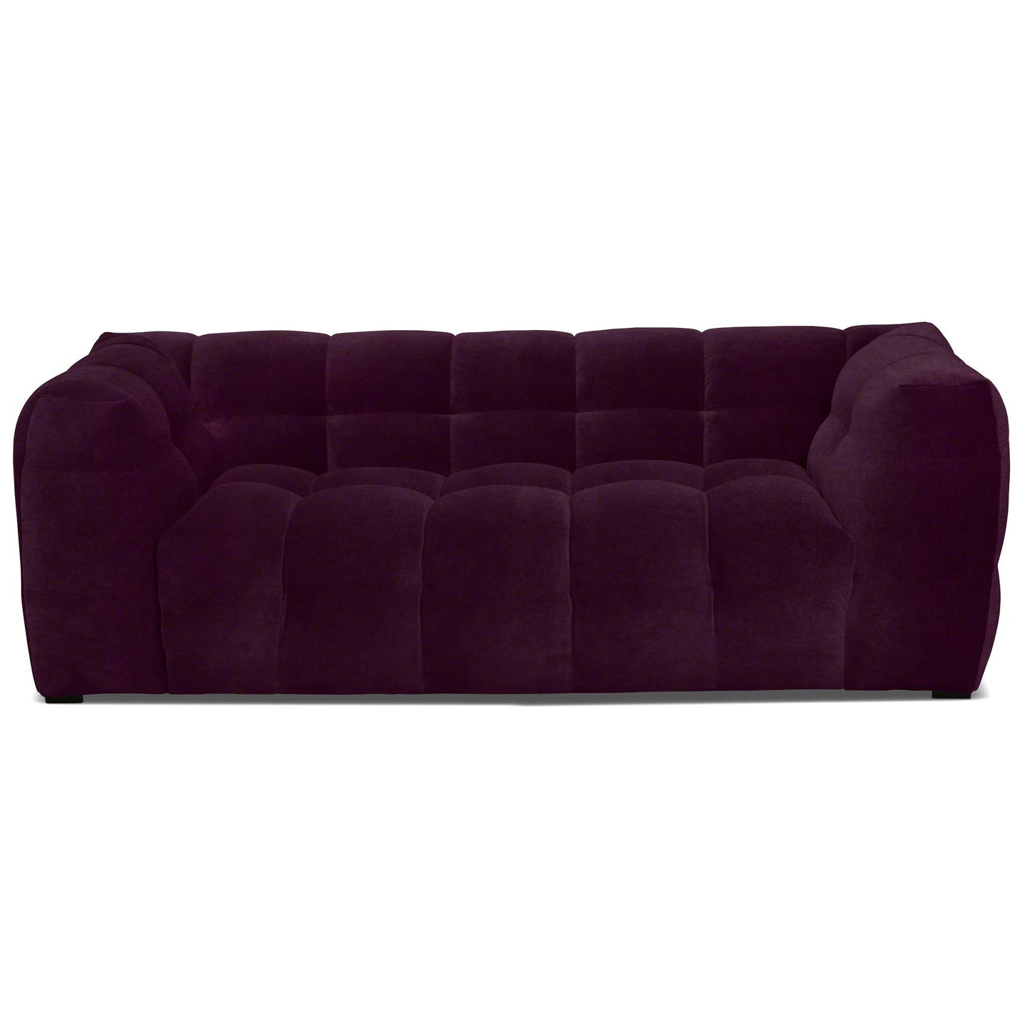 Mindre 2-sits soffa i lila sammet av prima kvalitet. Bubbligt designspråk.