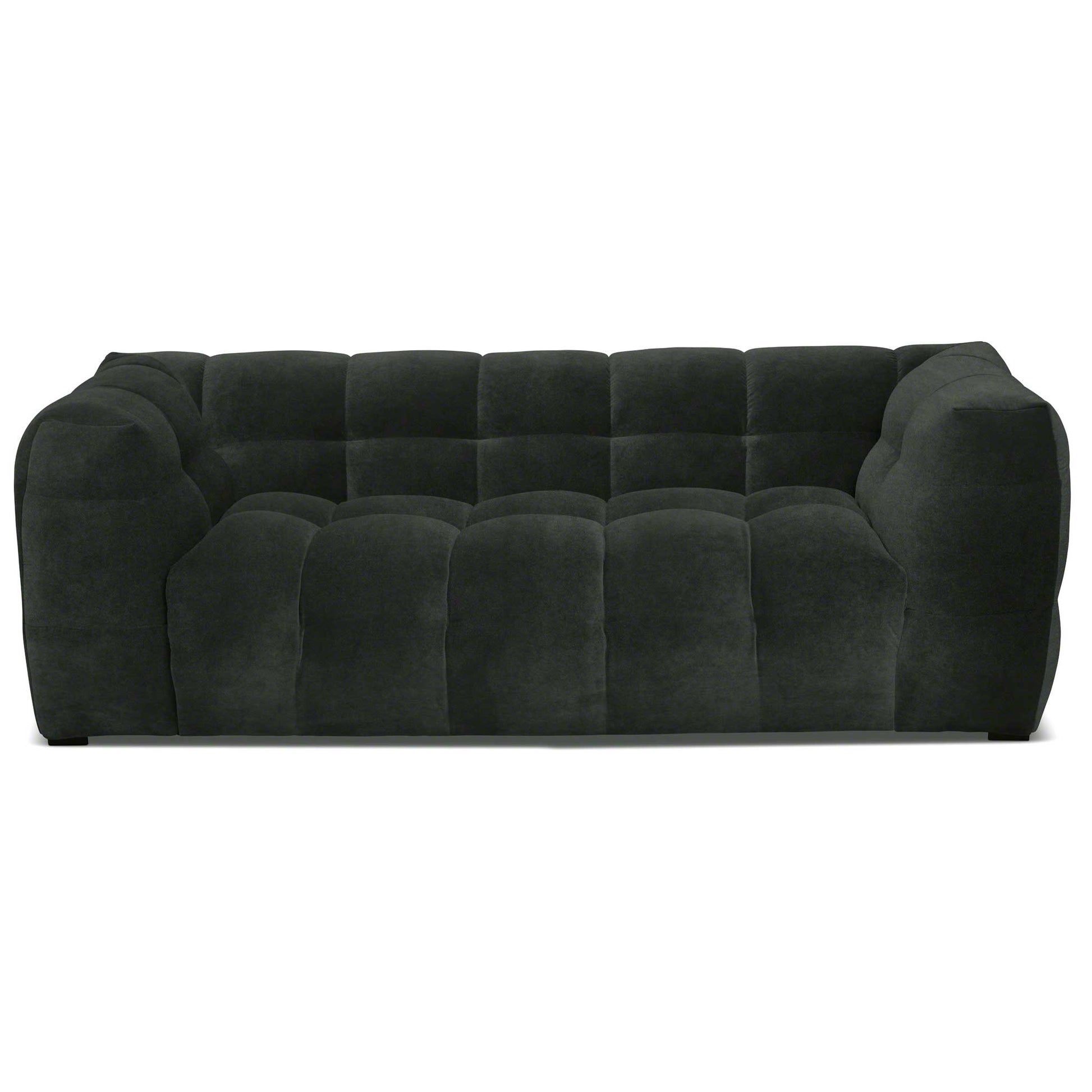 Läcker liten 2-sits soffa i mörkgrön sammet av hög kvalitet. Bubbligt designspråk.